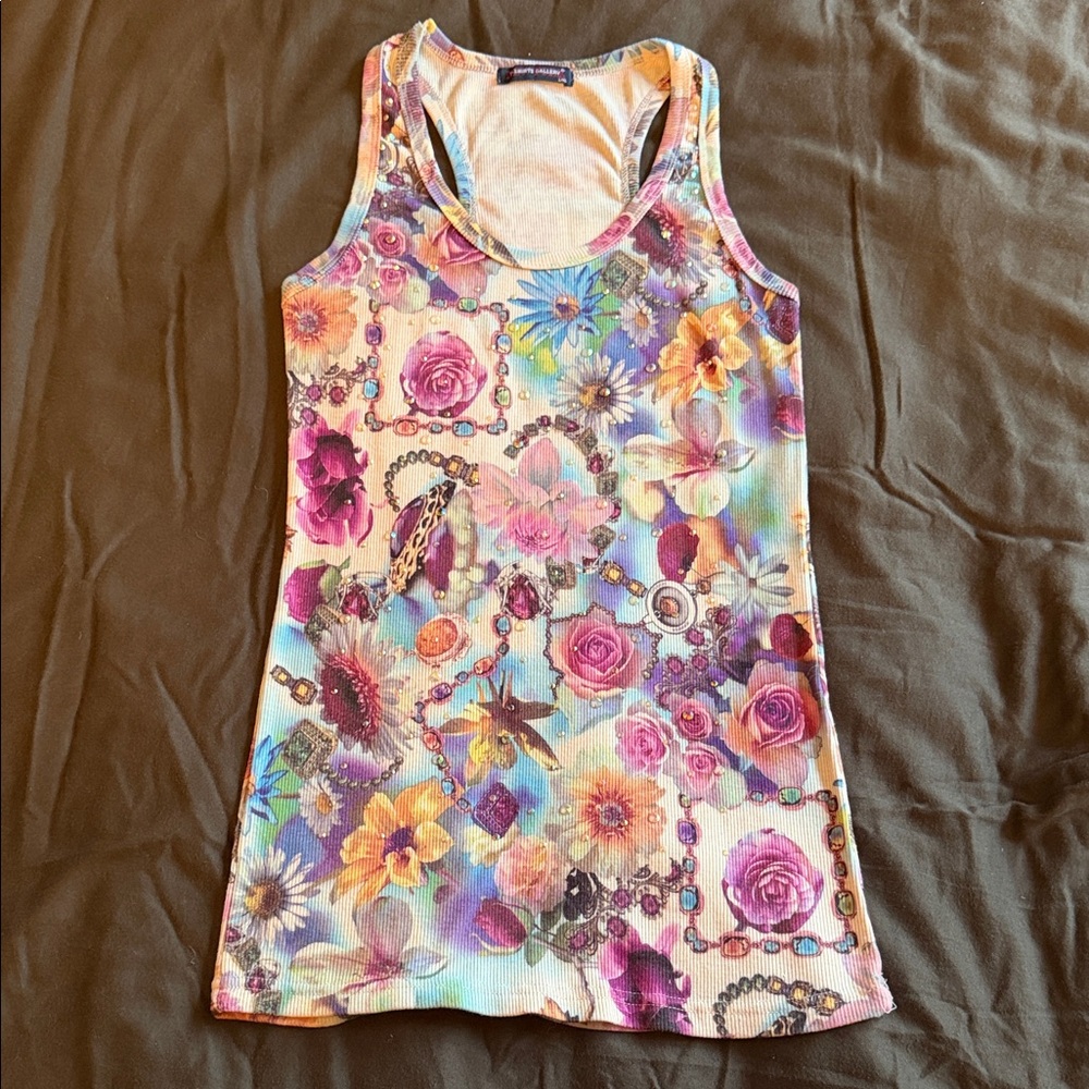 Vibrant Floral Tank Top with Pink and Purple Accents